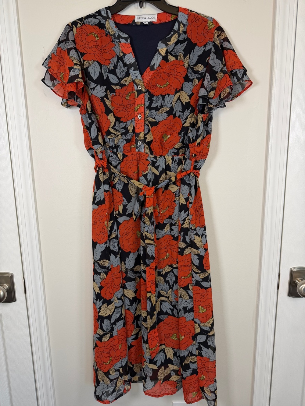 Piper & Scoot XL Floral Wrap Maxi Dress Ruffle Sleeve Navy Orange Boho